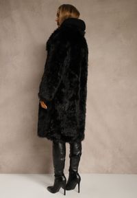 Renee - Czarny Płaszcz Futro o Jednorzędowym Kroju z Szerokim Kołnierzem Aweda. Okazja: na co dzień. Kolor: czarny. Materiał: futro. Styl: wizytowy, casual, elegancki #3