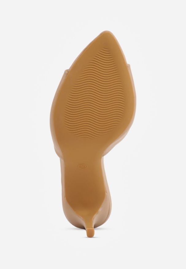 Renee - Jasnobeżowe Klapki na Szpilce VICES z Metaliczną Wstawką i Szpiczastym Noskiem Alarianne. Nosek buta: szpiczasty. Kolor: beżowy. Materiał: jeans. Obcas: na szpilce. Styl: elegancki, wizytowy