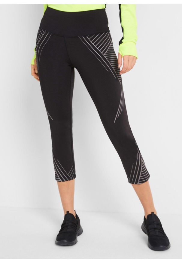 bonprix - Legginsy sportowe z kieszonką, długość 3/4. Kolor: czarny. Materiał: materiał. Wzór: nadruk. Styl: sportowy