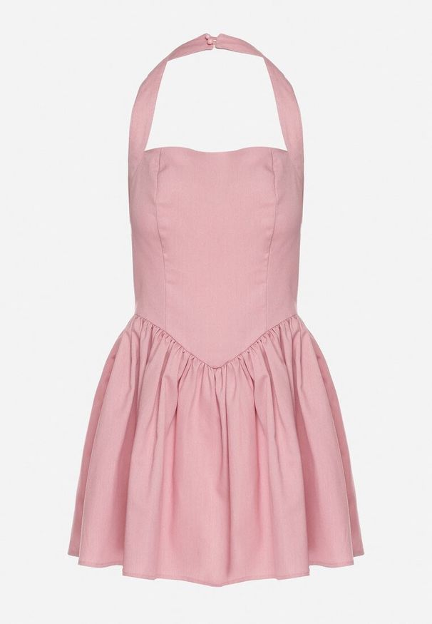 Born2be - Różowa Rozkloszowana Sukienka Vices z Paskiem na Szyję Nelimira. Okazja: na co dzień. Kolor: różowy. Wzór: aplikacja. Styl: casual, elegancki