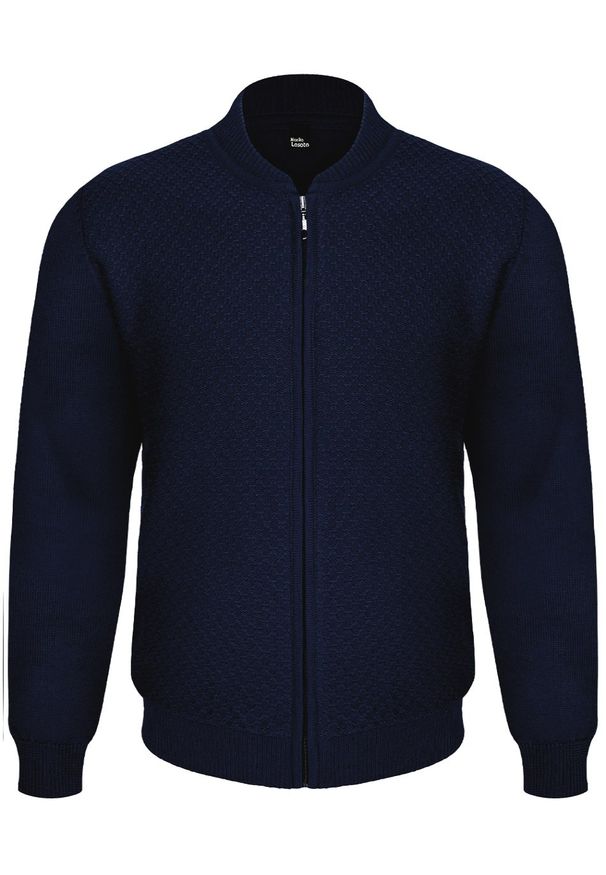 M. Lasota - polski producent - Granatowy rozpinany sweter męski kardigan z wełny merino SL04 Antonio. Typ kołnierza: kołnierzyk stójkowy. Kolor: niebieski. Materiał: wełna. Długość: krótkie. Wzór: gładki. Styl: sportowy