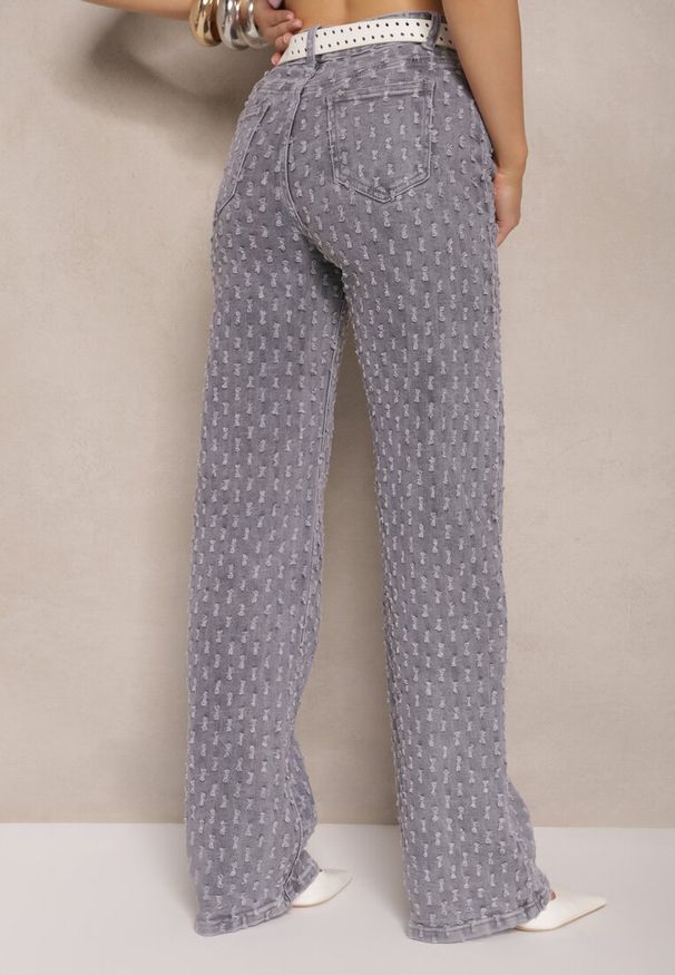 Renee - Szare Jeansy High Waist o Szerokim Kroju z Ozdobnymi Tłoczonymi Przetarciami Ulanisea. Okazja: na co dzień. Stan: podwyższony. Kolor: szary. Styl: klasyczny, elegancki, casual
