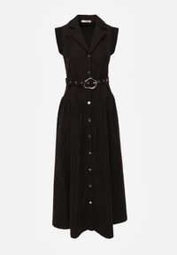 Renee - Czarna Sukienka Koszulowa Bez Rękawów z Paskiem i Metaliczną Klamrą Thespiphia. Okazja: na co dzień. Kolor: czarny. Długość rękawa: bez rękawów. Typ sukienki: koszulowe. Styl: casual, elegancki #5