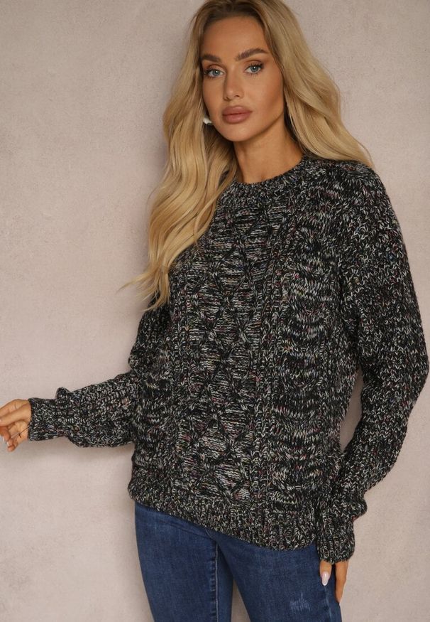 Renee - Czarny Casualowy Sweter z Wełną z Kolorowymi Przeszyciami Dezira. Okazja: na co dzień. Kolor: czarny. Materiał: wełna. Długość rękawa: długi rękaw. Długość: długie. Wzór: kolorowy. Styl: casual