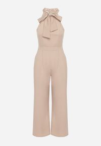 Born2be - Beżowy Kombinezon Bez Rękawów z Ozdobnym Wiązaniem i Szerokimi Nogawkami Silarine. Okazja: na co dzień. Kolor: beżowy. Materiał: jeans. Długość rękawa: bez rękawów. Styl: sportowy, klasyczny, casual, elegancki #4
