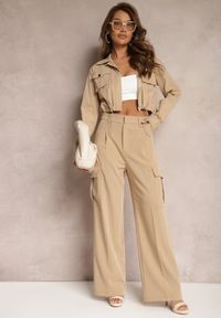 Renee - Beżowe Szerokie Spodnie High Waist w Eleganckim Stylu z Kieszeniami Cargo Dekanna. Okazja: na spotkanie biznesowe, na co dzień. Stan: podwyższony. Kolor: beżowy. Długość: długie. Styl: elegancki #4