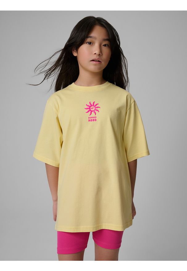 4f - 4F T-shirt loose z nadrukiem dziewczęcy - żółty 158 (12-13 lat). Okazja: na uczelnię, na co dzień, na spacer. Kolor: żółty. Materiał: materiał, bawełna, skóra, dzianina. Wzór: nadruk. Sezon: lato. Styl: casual