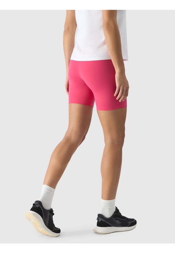 4f - 4F Legginsy krótkie z wysokim stanem damskie - różowe M. Stan: podwyższony. Kolor: różowy. Materiał: guma, dzianina, materiał, syntetyk, elastan. Długość: krótkie. Wzór: gładki, ze splotem, jednolity