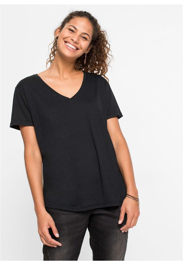 bonprix - T-shirt z dekoltem w serek. Typ kołnierza: dekolt w serek. Kolor: czarny. Długość rękawa: krótki rękaw. Długość: krótkie, długie