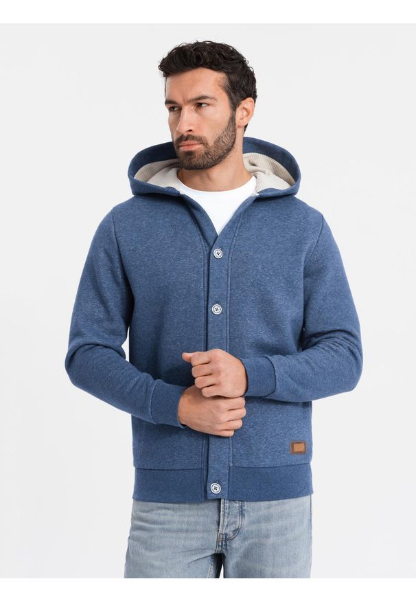 Ombre Clothing - Bluza męska dresowa z kapturem zapinana na guziki – granatowy melanż V1 - Rozmiar: S. Typ kołnierza: kaptur. Kolor: niebieski. Materiał: dresówka. Wzór: melanż. Styl: elegancki