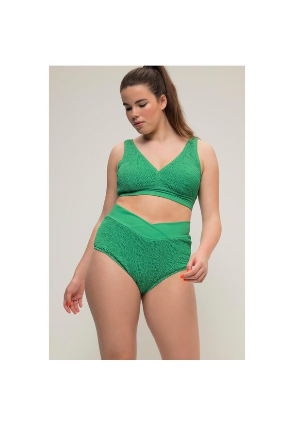 ULLA POPKEN - Damskie Figi bikini faktura wysoki stan pas w kopertowym stylu. Stan: podwyższony. Kolekcja: plus size. Kolor: zielony. Materiał: poliester, poliamid, materiał, elastan