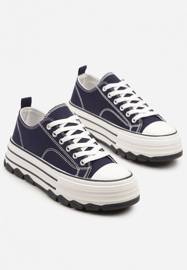 Born2be - Granatowe Trampki na Grubej Podeszwie pod Kostkę Adsoria. Okazja: na co dzień. Zapięcie: sznurówki. Kolor: niebieski. Materiał: jeans. Styl: klasyczny, casual