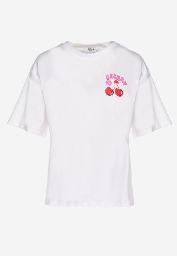 Born2be - Biały T-shirt z Bawełną Cyrkoniami i Motywem Wiśni Linmira. Okazja: na co dzień. Kolor: biały. Materiał: bawełna. Styl: casual, elegancki