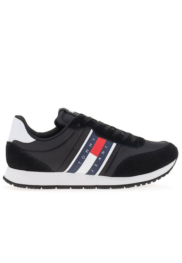 Buty Tommy Jeans TJM Runner Casual EM0EM01351-BDS - czarne. Okazja: na co dzień. Zapięcie: sznurówki. Kolor: czarny. Materiał: skóra, syntetyk, zamsz, materiał. Szerokość cholewki: normalna. Wzór: aplikacja