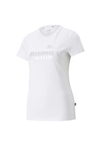 Puma - Damska koszulka z metalicznym logo Essentials+ PUMA White Silver Metallic. Kolor: szary, biały, wielokolorowy. Wzór: nadruk