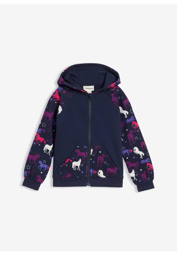 bonprix - Bluza rozpinana dziewczęca. Kolor: niebieski. Wzór: nadruk