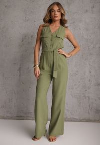 Renee - Zielony Kombinezon Utility z Wiskozy na Szerokich Ramiączkach z Wiązanym Paskiem Jenora. Kolor: zielony. Materiał: wiskoza. Długość rękawa: na ramiączkach. Sezon: lato #7
