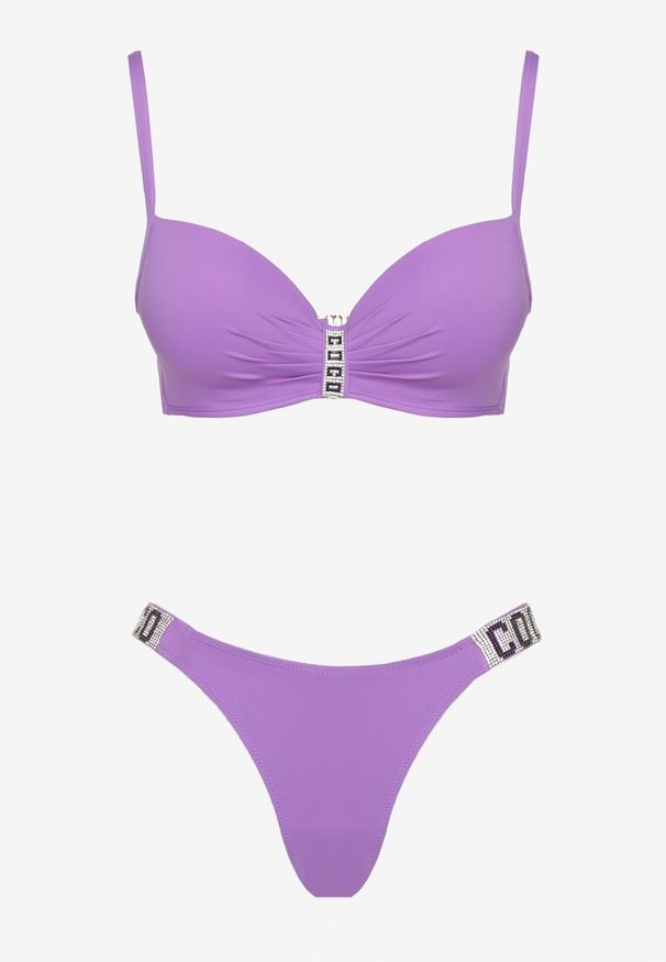 Renee - Fioletowe Bikini Biustonosz i Majtki Figi z Aplikacją z Cyrkoniami Nateria. Kolor: fioletowy. Wzór: aplikacja
