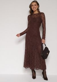 Born2be - Brązowa Koronkowa Sukienka Taliowana z Odkrytymi Plecami Talifera. Kolor: brązowy. Materiał: koronka. Długość rękawa: na ramiączkach. Wzór: koronka. Styl: klasyczny, elegancki #5