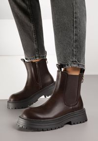 Born2be - Brązowe Botki w Stylu Sztybletów na Grubej Tłoczonej Podeszwie Latonisse. Okazja: na co dzień. Kolor: brązowy. Materiał: jeans. Styl: casual