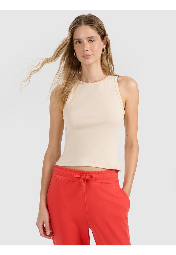 4f - 4F Top slim gładki damski - beżowy XL. Kolor: beżowy. Materiał: jersey, dzianina, materiał, bawełna, elastan. Wzór: gładki