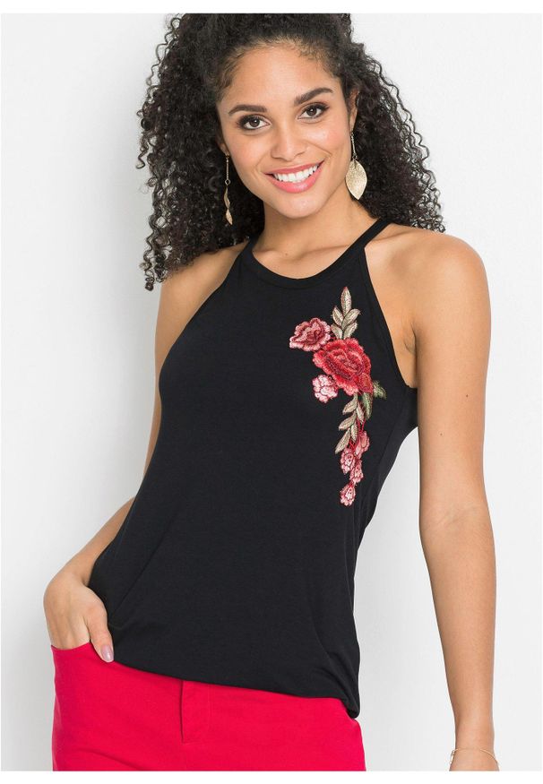 bonprix - Top z haftem. Kolor: czarny. Wzór: haft