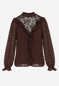 Born2be - Brązowa Bluzka Zdobiona Koronką Falbankami i Metaliczną Nicią Feralea. Okazja: na co dzień, do pracy, na spotkanie biznesowe. Typ kołnierza: kołnierz z falbankami. Kolor: brązowy. Materiał: koronka. Wzór: koronka, aplikacja. Styl: biznesowy, casual, elegancki #6