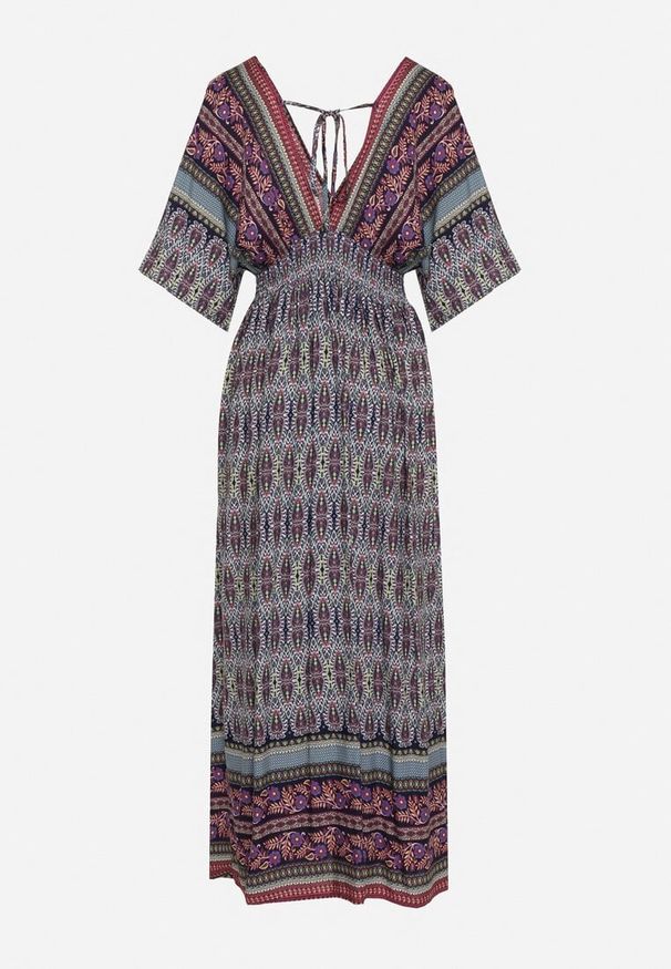 Born2be - Fioletowa Boho Sukienka z Szerokimi Rękawami z Gumką w Pasie i Wiązaniem na Plecach Piomina. Typ kołnierza: choker, dekolt w kształcie V. Kolor: fioletowy. Wzór: aplikacja. Styl: boho