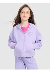 4f - 4F Bluza dresowa rozpinana z kapturem dziewczęca - fioletowa 164 (13-14 lat). Okazja: na co dzień. Typ kołnierza: kaptur. Kolor: fioletowy. Materiał: dresówka. Długość rękawa: raglanowy rękaw. Wzór: nadruk, ze splotem, gładki. Sezon: lato. Styl: casual, sportowy #1