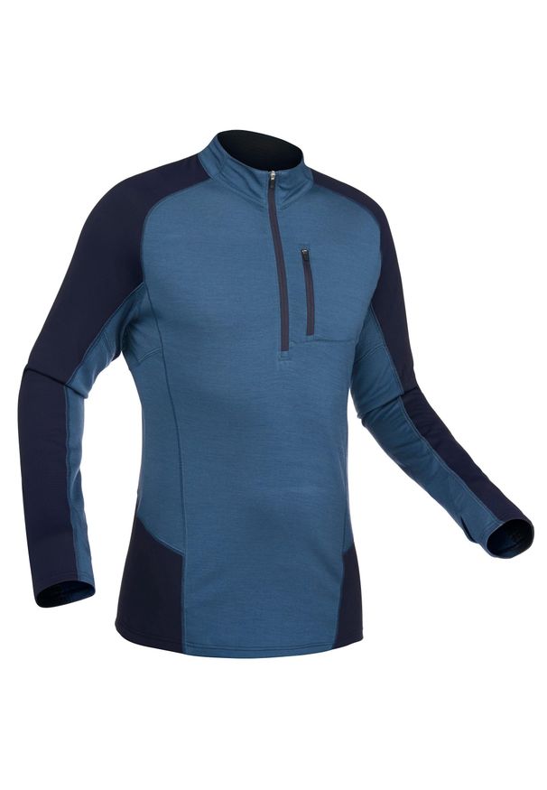 FORCLAZ - Koszulka trekkingowa męska z długim rękawem Forclaz MT 500 Hybrid. Kolor: niebieski. Materiał: tkanina, wełna, polar, elastan, skóra. Długość rękawa: długi rękaw. Długość: długie