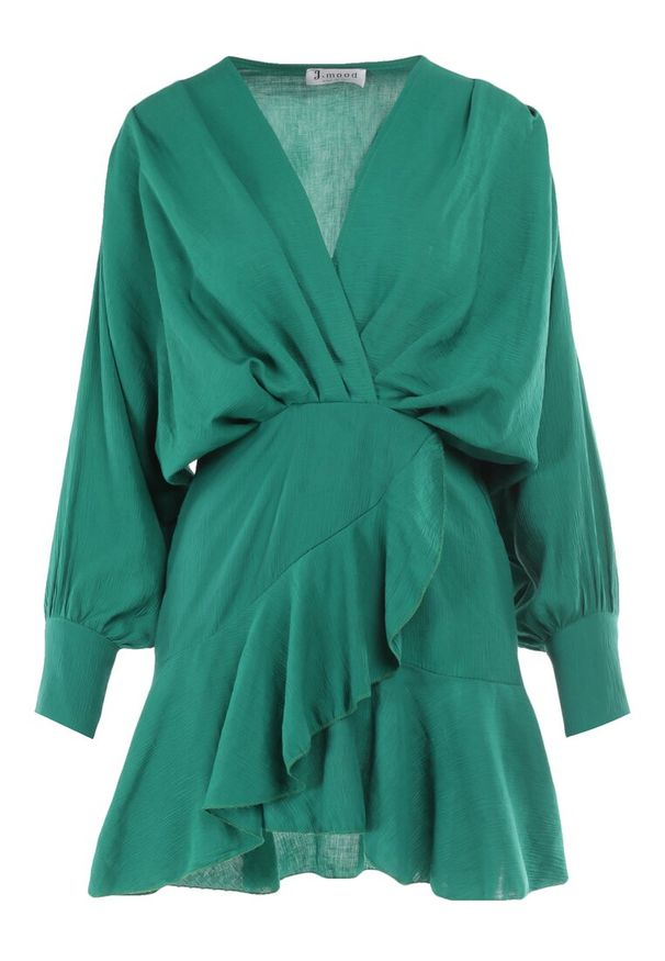 Born2be - Zielona Sukienka Appobe. Okazja: na imprezę. Typ kołnierza: dekolt w serek. Kolor: zielony. Materiał: wiskoza, tkanina. Wzór: aplikacja. Typ sukienki: kopertowe. Długość: mini