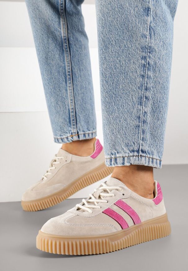 Born2be - Beżowo-Fuksjowe Skórzane Sneakersy Klasyczne Tenisówki z Zamszu Naturalnego Teniresela. Okazja: na co dzień. Kolor: beżowy. Materiał: zamsz, skóra