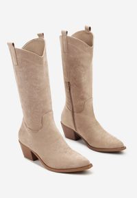 Renee - Ciemnobeżowe Botki Kowbojki na Stożku Nalomea. Okazja: na co dzień. Kolor: beżowy. Materiał: skóra, jeans. Obcas: na stożku. Styl: street, casual, boho #7