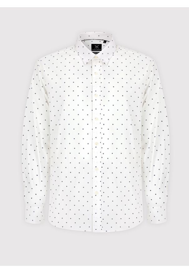 Pako Lorente - PAKO LORENTE – Biała koszula męska w granatowy drobny print. Typ kołnierza: kołnierzyk klasyczny. Kolor: niebieski, biały, wielokolorowy. Materiał: elastan, bawełna. Długość rękawa: długi rękaw. Długość: długie. Wzór: nadruk. Styl: klasyczny