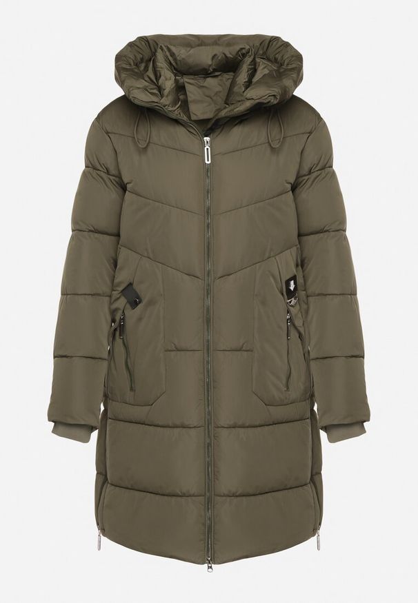 Born2be - Ciemnozielona Kurtka Pikowana z Kapturem i Suwakami po Bokach Lindrie. Okazja: na spacer, na co dzień. Typ kołnierza: kaptur. Kolor: zielony. Materiał: poliester, jeans, dzianina. Długość: długie. Styl: casual