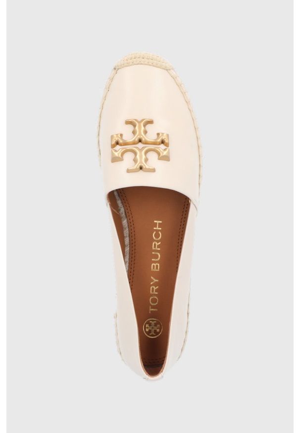 Tory Burch espadryle skórzane kolor beżowy. Nosek buta: okrągły. Kolor: beżowy. Materiał: skóra. Wzór: gładki. Obcas: na obcasie. Wysokość obcasa: niski