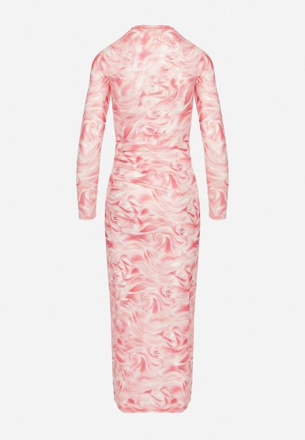 Born2be - Fuksjowa Dopasowana Sukienka z Siateczki z Wiskozą w Abstrakcyjny Wzór Sarilene. Okazja: na co dzień. Kolor: różowy. Materiał: wiskoza. Długość rękawa: długi rękaw. Typ sukienki: dopasowane. Styl: casual, elegancki, klasyczny