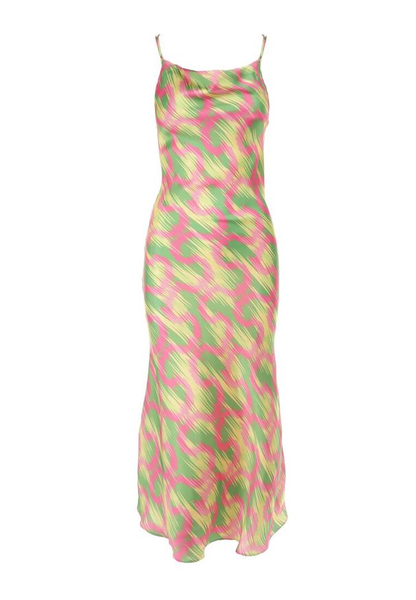 Born2be - Jasnozielona Satynowa Sukienka Stelon. Kolor: zielony. Materiał: satyna. Długość rękawa: na ramiączkach. Wzór: nadruk. Styl: klasyczny. Długość: maxi