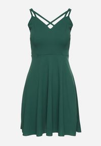 Born2be - Zielona Rozkloszowana Sukienka z Ozdobnymi Paskami Redaina. Kolor: zielony. Długość rękawa: na ramiączkach. Styl: elegancki