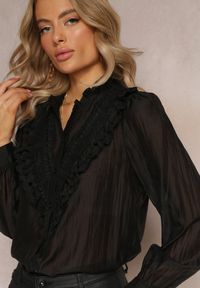 Renee - Czarna Koszula na Guziki z Ozdobną Koronką Raneem. Kolor: czarny. Materiał: koronka. Długość: długie. Wzór: koronka #4