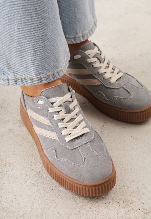 Renee - Ciemnoszare Sneakersy Retro Tenisówki z Naturalnego Zamszu ze Skórzaną Wkładką Beralene. Kolor: szary. Materiał: zamsz, skóra