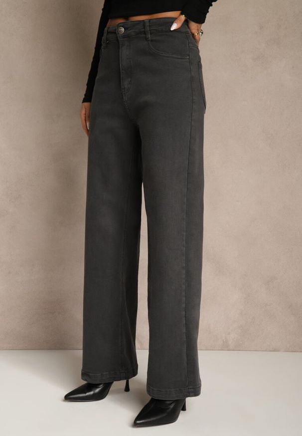 Renee - Ciemnoszare Jeansy High Waist z Szerokimi Nogawkami Vetimira. Okazja: na co dzień. Stan: podwyższony. Kolor: szary. Styl: casual