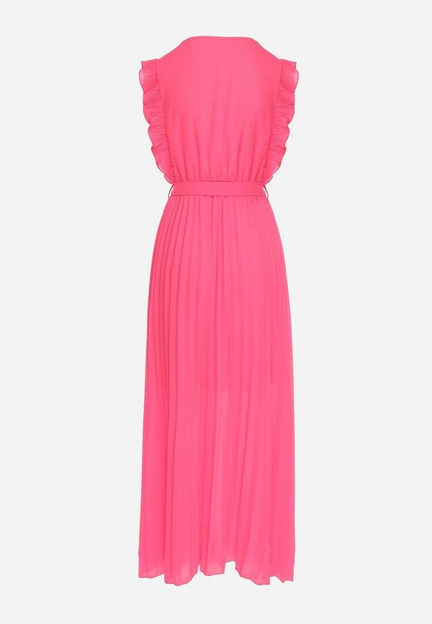 Born2be - Różowa Plisowana Sukienka Maxi Wiskozowa z Kopertowym Dekoltem i Falbankami Glimes. Typ kołnierza: kołnierz z falbankami. Kolor: różowy. Materiał: wiskoza. Typ sukienki: kopertowe. Długość: maxi