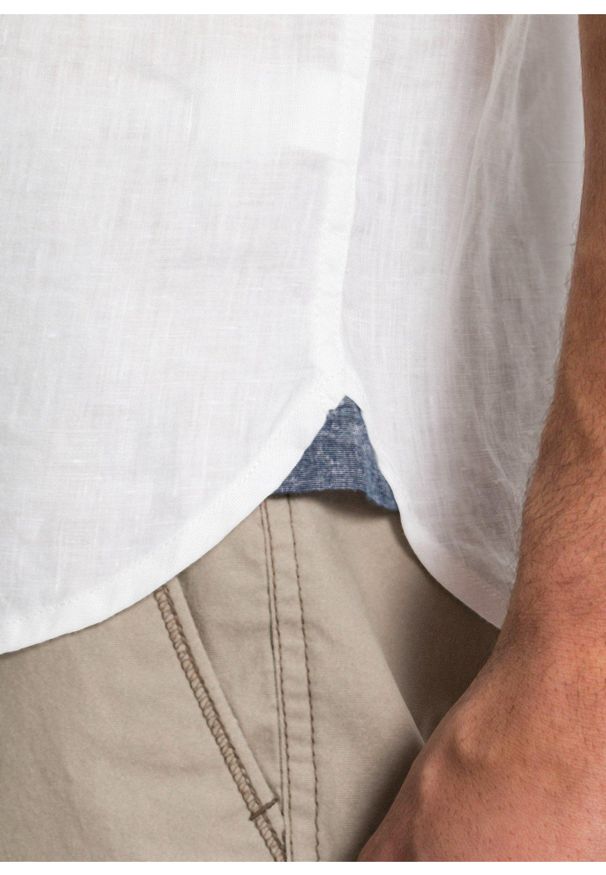 bonprix - Koszula lniana z krótkim rękawem. Okazja: na co dzień. Typ kołnierza: kołnierzyk stójkowy. Kolor: biały. Materiał: len. Długość rękawa: krótki rękaw. Długość: krótkie. Sezon: lato. Styl: casual, elegancki