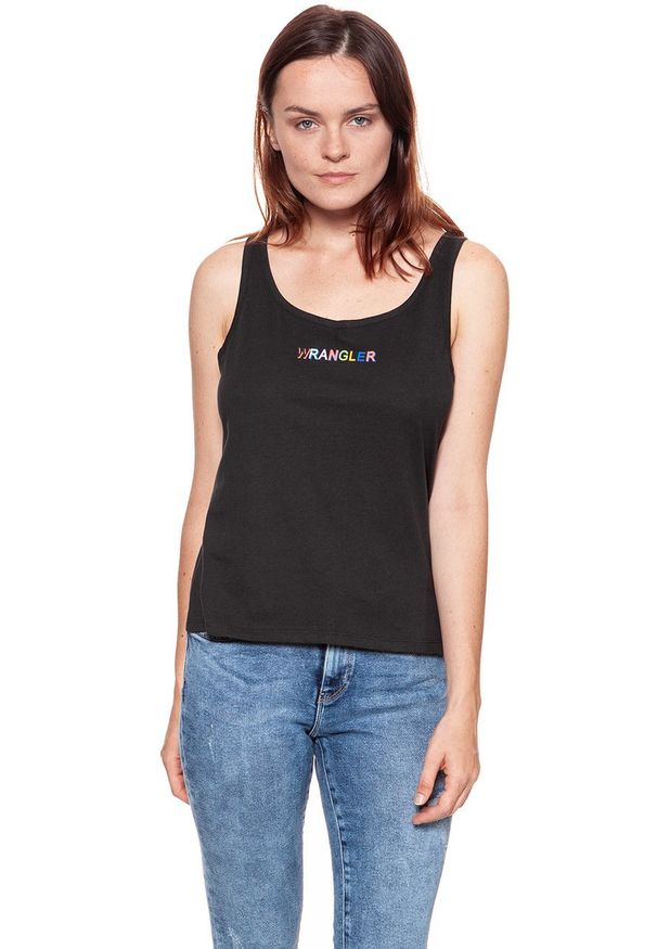 Wrangler - WRANGLER T SHIRT DAMSKI TANK BLACK W7387EV01 112131060. Okazja: na co dzień. Długość rękawa: na ramiączkach. Wzór: nadruk, kolorowy. Styl: casual