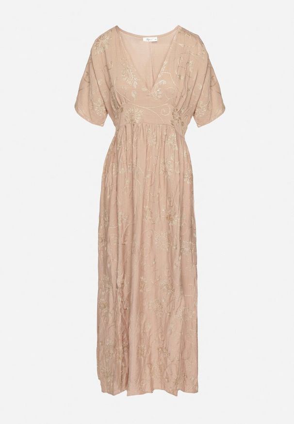 Born2be - Beżowa Wiskozowa Sukienka z Metaliczną Nicią i Haftem Nelvesia. Okazja: na co dzień. Kolor: beżowy. Materiał: wiskoza. Wzór: haft. Sezon: wiosna. Styl: klasyczny, casual, elegancki