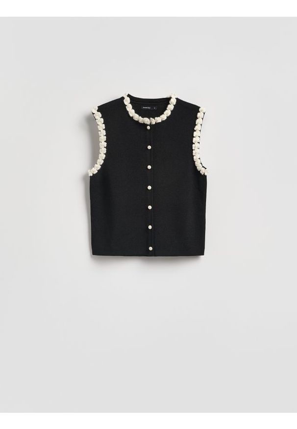 Reserved - Kamizelka z ozdobnym wykończeniem - czarny. Kolor: czarny. Materiał: dzianina, wiskoza