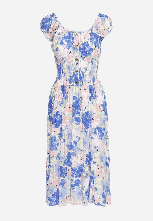 Born2be - Niebiesko-Biała Wiskozowa Sukienka Midi z Falbanką i Kwiatowym Wzorem Exordia. Kolor: niebieski. Materiał: wiskoza. Wzór: kwiaty. Długość: midi