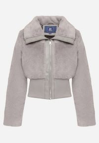 Born2be - Szara Krótka Futrzana Kurtka z Elastycznym Ściągaczem i Kołnierzem Semaline. Kolor: szary. Materiał: futro. Długość: krótkie. Sezon: zima. Styl: elegancki #6