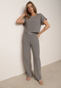 Born2be - Beżowo-Granatowy Dzianinowy Komplet z Bawełną Ozdobiony Wzorem w Paski Spodnie i Bluzka Amiphisia. Kolor: beżowy. Materiał: bawełna, dzianina. Wzór: paski, aplikacja #3